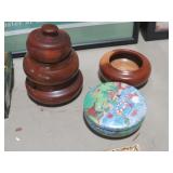 STACKING WOOD BOWLS & TIN
