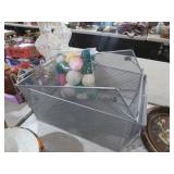 2 METAL STORAGE BASKETS AND BAG OF YARN