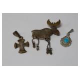 (2) STERLING SILVER PENDANTS & MOOSE PIN