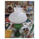 GREEN GLASS BASE HURRICANE LAMP W/ SHADE