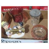COLLECTION OF VTG GLASSWARE, HUMMEL STYLE FIGURE