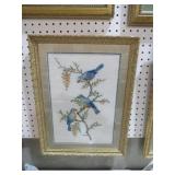GOLD ORNATE FRAMED BLUE BIRDS NEEDLEPOINT