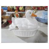 CERAMIC DUCK ON NEST TUREEN W/ LADLE