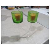 PAIR OF GREEN GLASS CANDLE HOLDERS