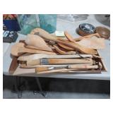 WOOD TRAY FULL OF WOOD KITCHEN UTENSILS