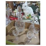 CUT GLASS DECANTER BELL AND CORDIALS