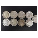 (9) ROOSEVELT DIMES VARIOUS DATES & MM 90%