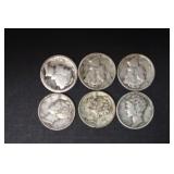 (6) MERCURY DIMES VARIOUS DATES & MM 90%