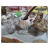COLLECTION OF WOVEN BASKET, WOOD PITCHER, AND MISC