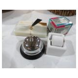 ALABASTER PEN HOLDER, BELL , PORCELAIN STAMP MOIST