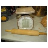 VINTAGE POSTAGE SCALE AND A ROLLING PIN