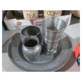 COLLECTON OF PEWTER SERVING PIECES AND VASE