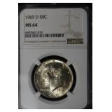 1969 D KENNEDY HALF DOLLAR 40% NGC MS64