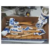 COLLECTION OF BLUE CERAMIC UTENSILS AND CROCK