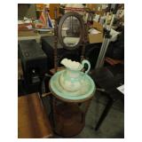 VINTAGE WASH STAND WITH BOWL, PITCHER, AND MIRROR