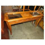 BEAUTIFUL OAK CARVED GLASS PANEL TOP ENTRY TABLE