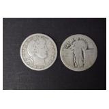 DATELESS STANDING LIB & 1908 O BARBER QTRS 90%