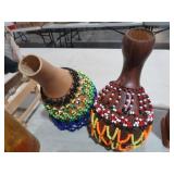 (2) WOOD GOURDS WITH BEADED DECORATION
