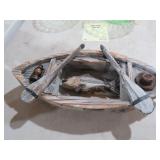 WOOD BOAT WITH FISH & OARS