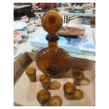 SET OF VINTAGE AMBER GLASS DECANTER AND CUPS