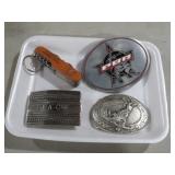 COLLECTION OF BELT BUCKLES, KNIFE