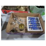 COLLECTION OF SILVER PLATE SPOONS, BELL, CUP