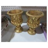 PAIR OF VINTAGE GOLDTONE DECORATIVE PEDESTAL URNS