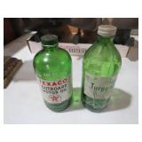(2) VINTAGE GREEN GLASS ADVERTISMENT BOTTLES