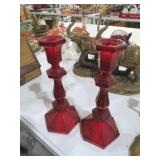 PAIR OF RUBY RED GLASS CANDLE STICKS
