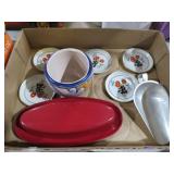 COLLECTION OF POTTERY VASE, COASTERS, AND SCOOP