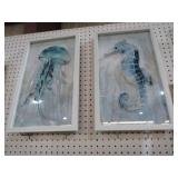 PAIR OF FRAMED GLASS JELLYFISH AND SEAHORSE