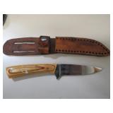 WOOD HANDLE KNIFE WITH LEATHER SHEATH