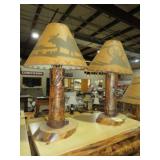 PAIR ASPEN LOG TBL LAMPS W/ DECORATIVE SHADES