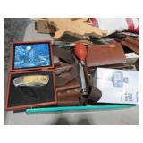 BOX OF OLD TOOLS, KNIFE, AND ETC