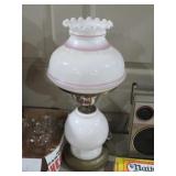 MILKGLASS HURRICANE LAMP WITH GLASS GLOBE