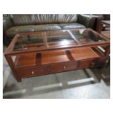 NICE CHERRY FINISH GLASS PANEL TOP COFFEE TABLE
