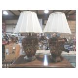 PAIR OF ORNATE COMPOSITE TABLE LMAPS WITH SHADES