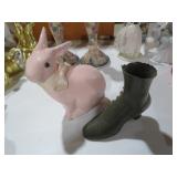 PINK CERAMIC RABBIT AND METAL SHOE PLANTER