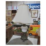 BRASS BASE AND HOBNAIL TABLE LAMP WITH SHADE