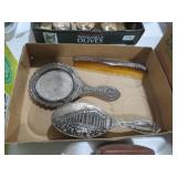 VINTAGE SILVERPLATE GREEK MIRROR, BRUSH, AND COMB