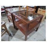 PAIR OF CHERRY ONE DRAWER TIERED GLASS TOP TABLES