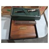 WOOD BOX AND CROSS TIN AND PARKER PIN