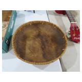VINTAGE CARVED WOOD BOWL WITH WOVEN RATTON EDGE