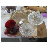 MID CENTURY GLASS, ANCHOR, AND COVERED DISHES