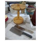 VINTAGE KNIFE HOLDER WITH 2 MEAT CLEAVERS