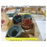 STONEWARE COVERED CROCK, APPLE BAKE DISH, AND MISC