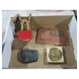 COLLECTION OF WOOD DOG TOY, BELT, BUCKLE, AND MISC