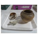 COLLECTION OF POTTERY AND METAL BIRD