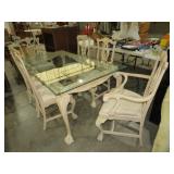 CARVED WOOD BEVELED GLASS TOP TBL W/ (6) CHAIRS