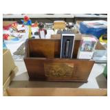 VINTAGE WOOD LETTER HOLDER AND PENS
